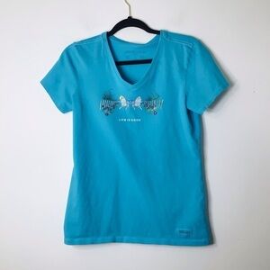 Life is Good vacation Adirondack chair wine garden small blue Tshirt